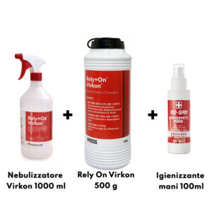 Virkon 500 g+ spruzzino nebulizzatore + igienizzante mani spray rd san da 100 ml ricdar servizi